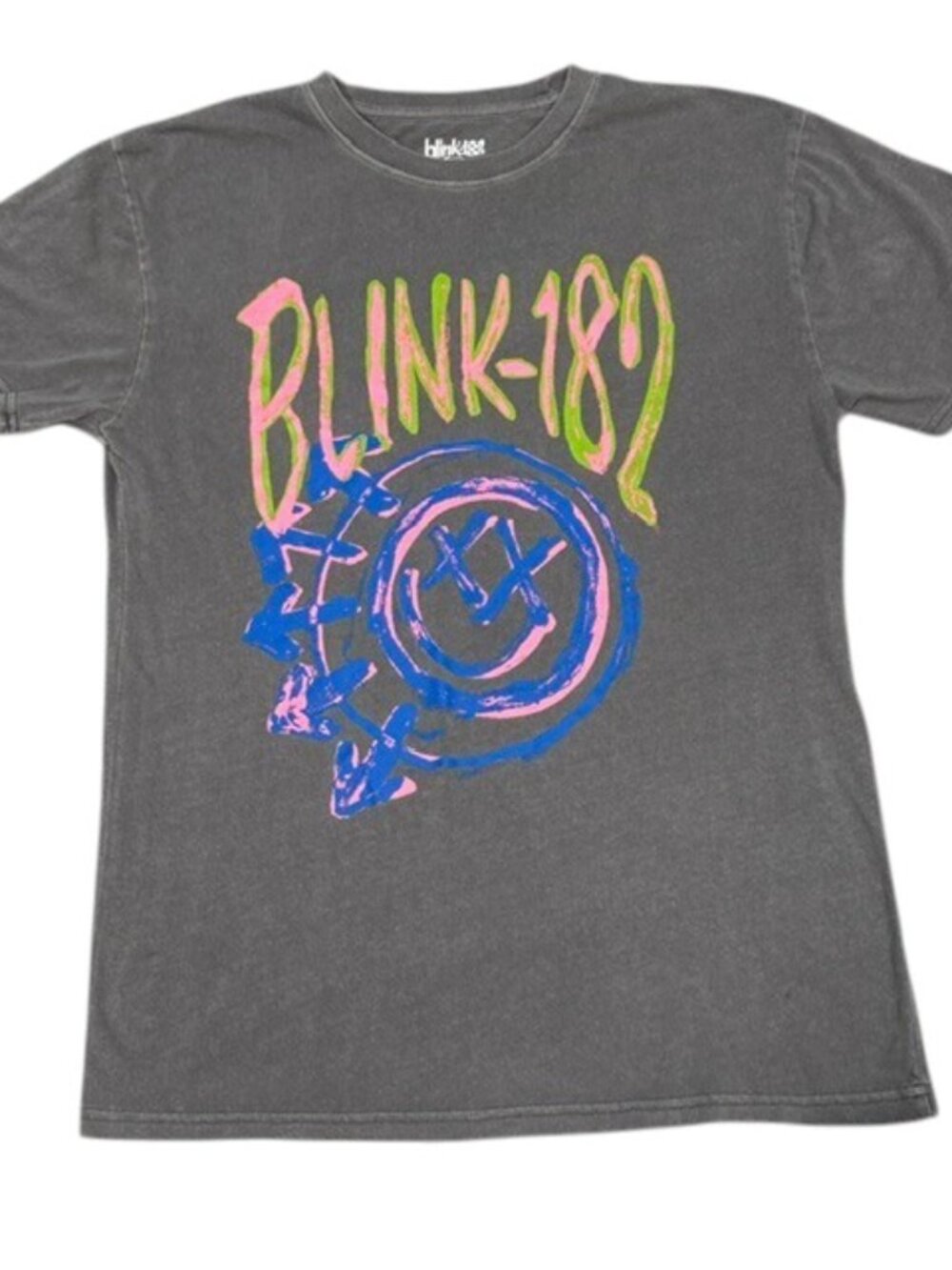 Blink-182 Men's M Gray Neon Smiley Graphic Band T-Shirt Distressed Tee